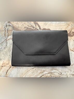 Halogen Black Envelope Purse Pebbled Leather with Silver Chain Card Slots